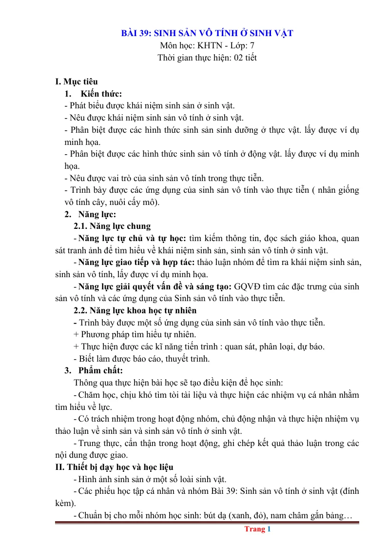 Giáo Án KHTN 7 Bài 39 Sinh Sản Vô Tính Ở Sinh Vật
