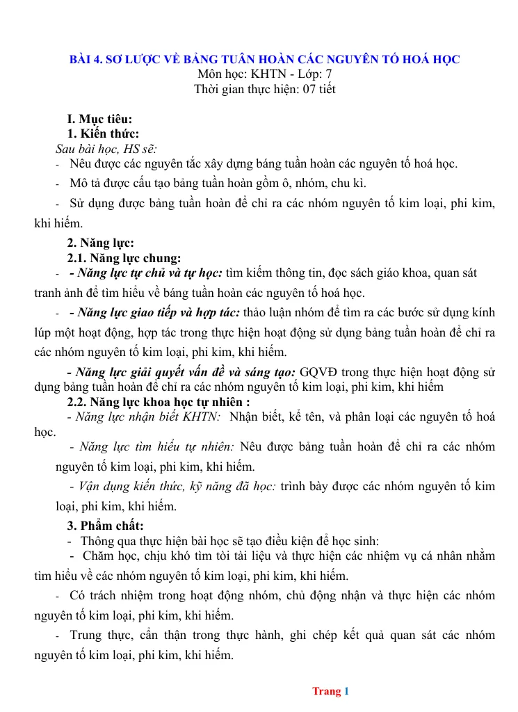 Giáo Án KHTN 7 Bài 4 Sơ Lược Về Bảng Tuần Hoàn Các Nguyên Tố Hoá Học