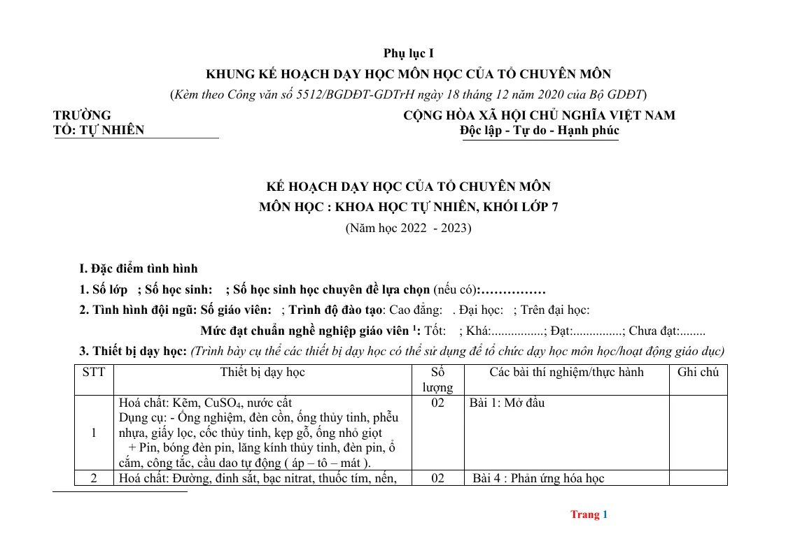 Kế Hoạch Dạy Học Môn KHTN Lớp 7