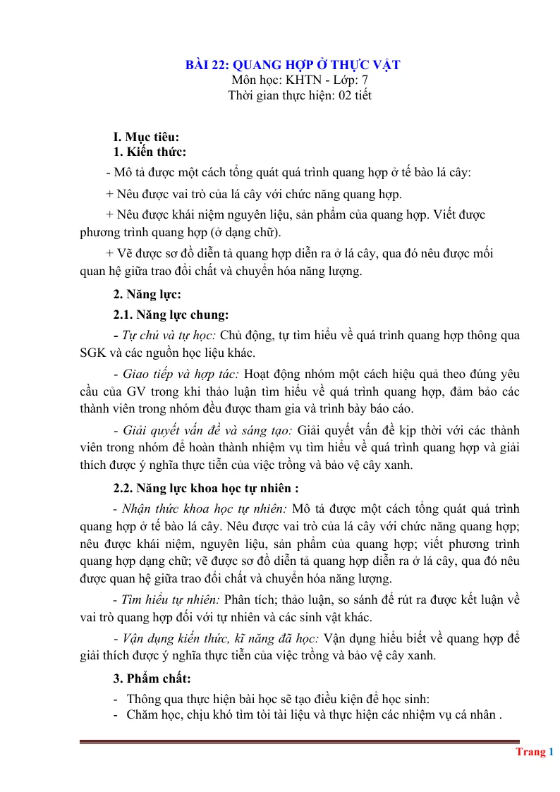 Giáo Án KHTN 7 Bài 22 Quang Hợp Ở Thực Vật