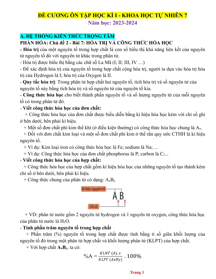 Đề Cương Ôn Tập Học Kỳ 1 KHTN 7 Năm Học 2023 - 2024