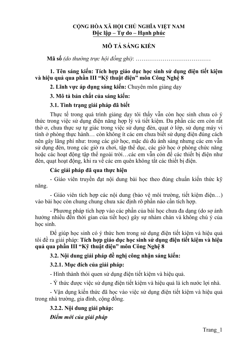 SKKN Công Nghệ 8 Tích Hợp Giáo Dục Học Sinh Sử Dụng Điện Tiết Kiệm Và Hiệu Quả