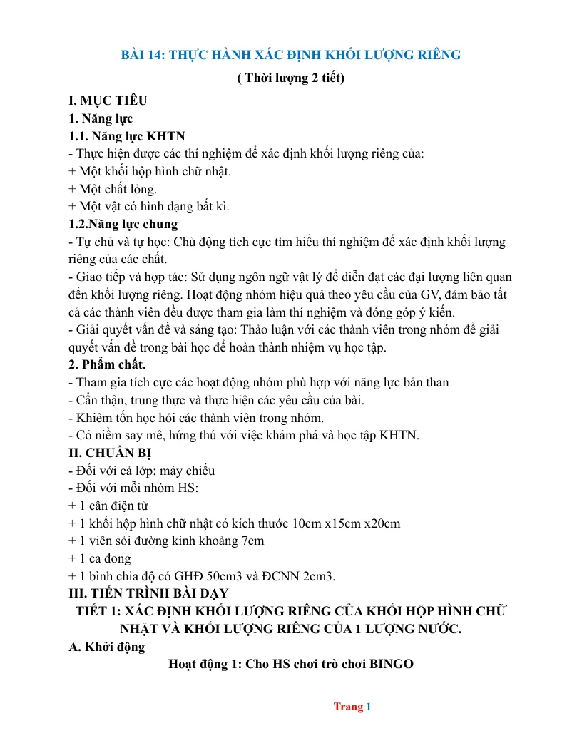 Giáo Án KHTN 8 Bài 14 Thực Hành Xác Định Khối Lượng Riêng