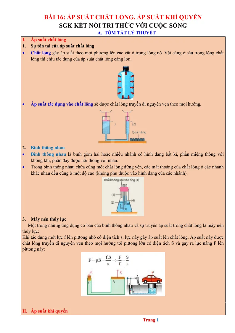 Chuyên Đề KHTN 8 Bài 16 Áp Suất Chất Lỏng Áp Suất Khí Quyển