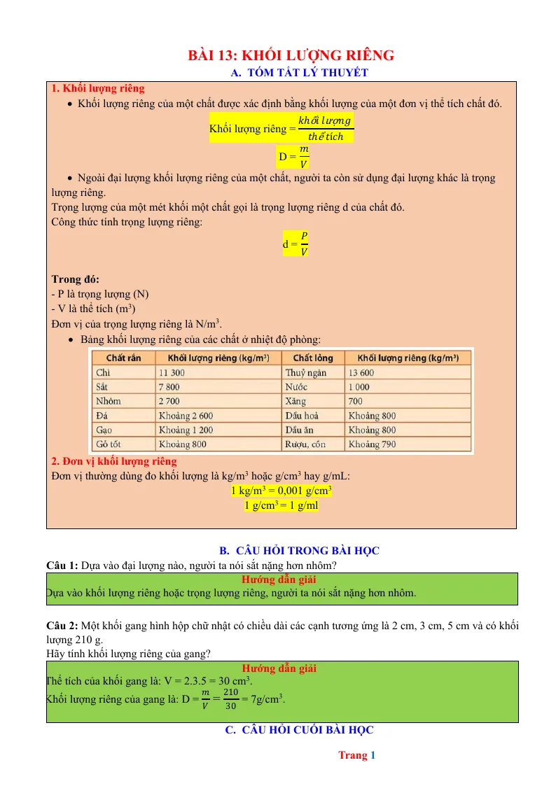 Chuyên Đề KHTN 8 Bài 13 Khối Lượng Riêng