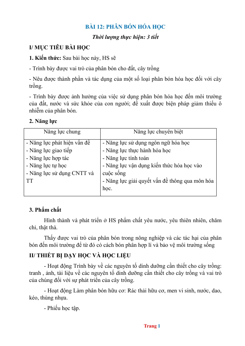 Giáo Án KHTN 8 Bài 12 Phân Bón Hóa Học