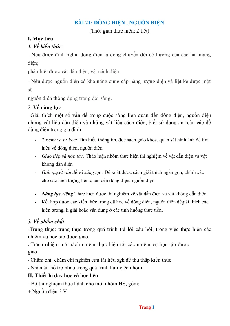 Giáo Án KHTN 8 Bài 21 Dòng Điện Nguồn Điện