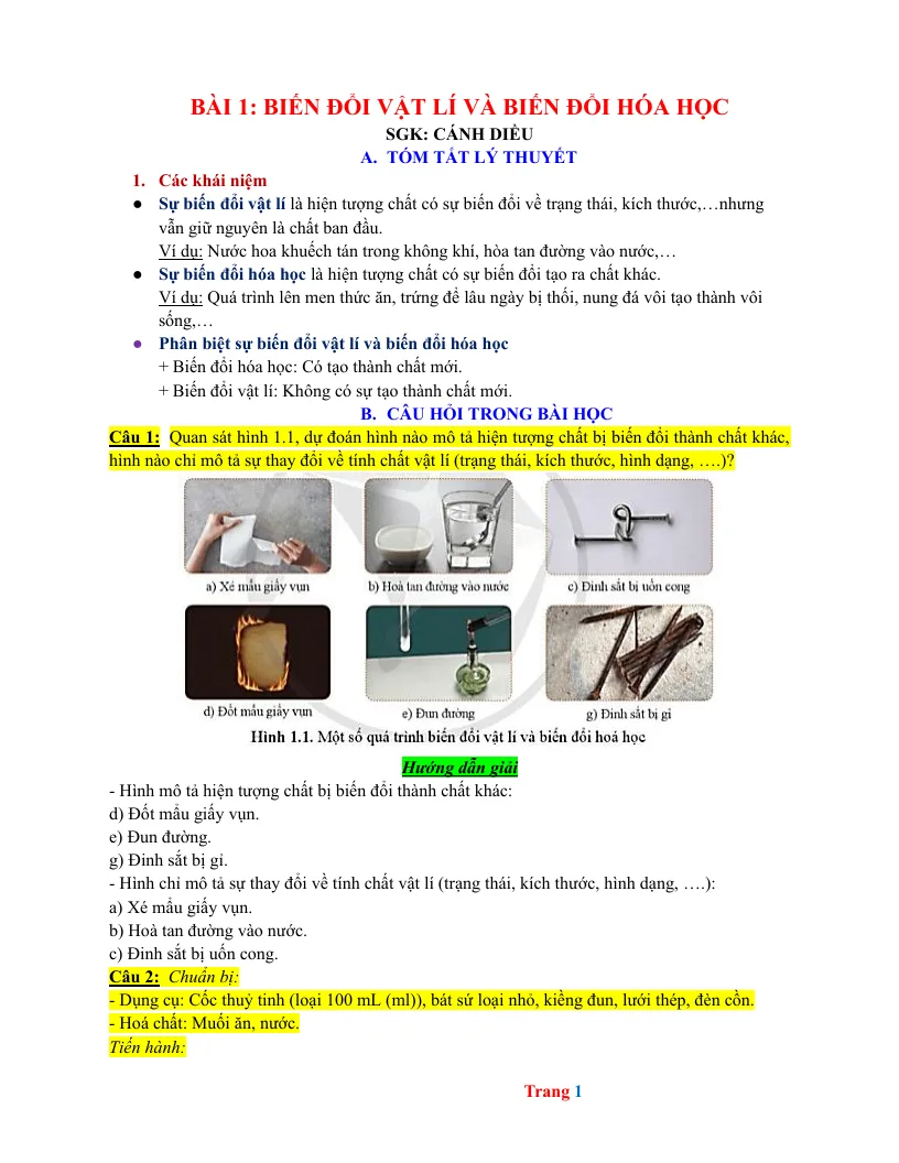 Chuyên Đề KHTN 8 Bài 1 Biến Đổi Vật Lí Và Biến Đổi Hóa Học