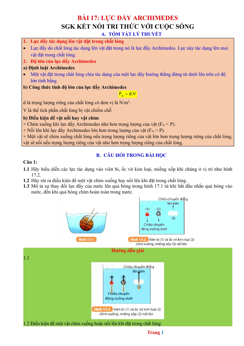 Chuyên Đề KHTN 8 Bài 17 Lực Đẩy Archimedes
