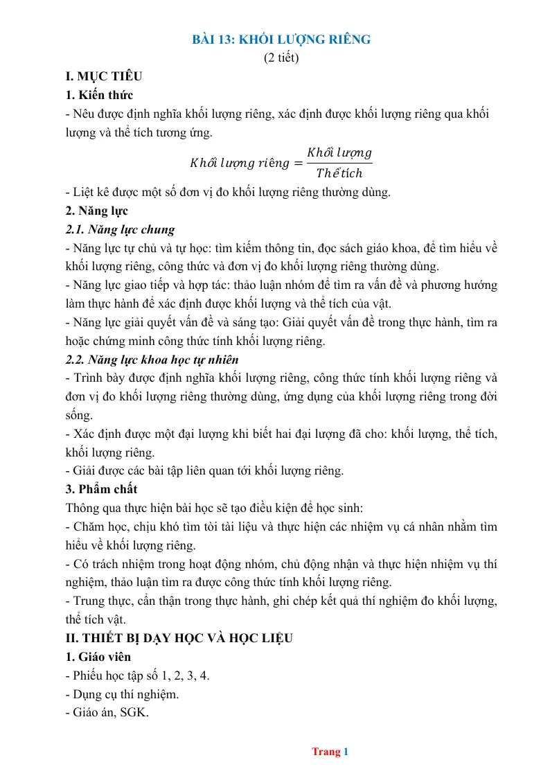 Giáo Án KHTN 8 Bài 13 Khối Lượng Riêng