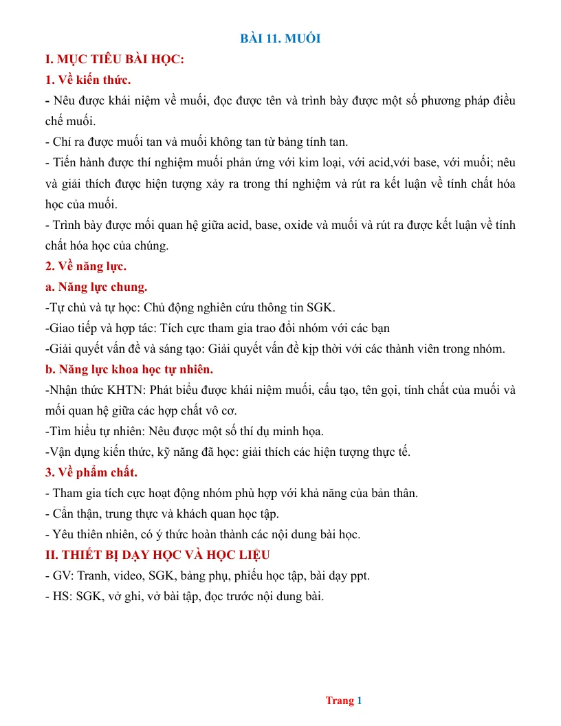 Giáo Án KHTN 8 Bài 11 Muối