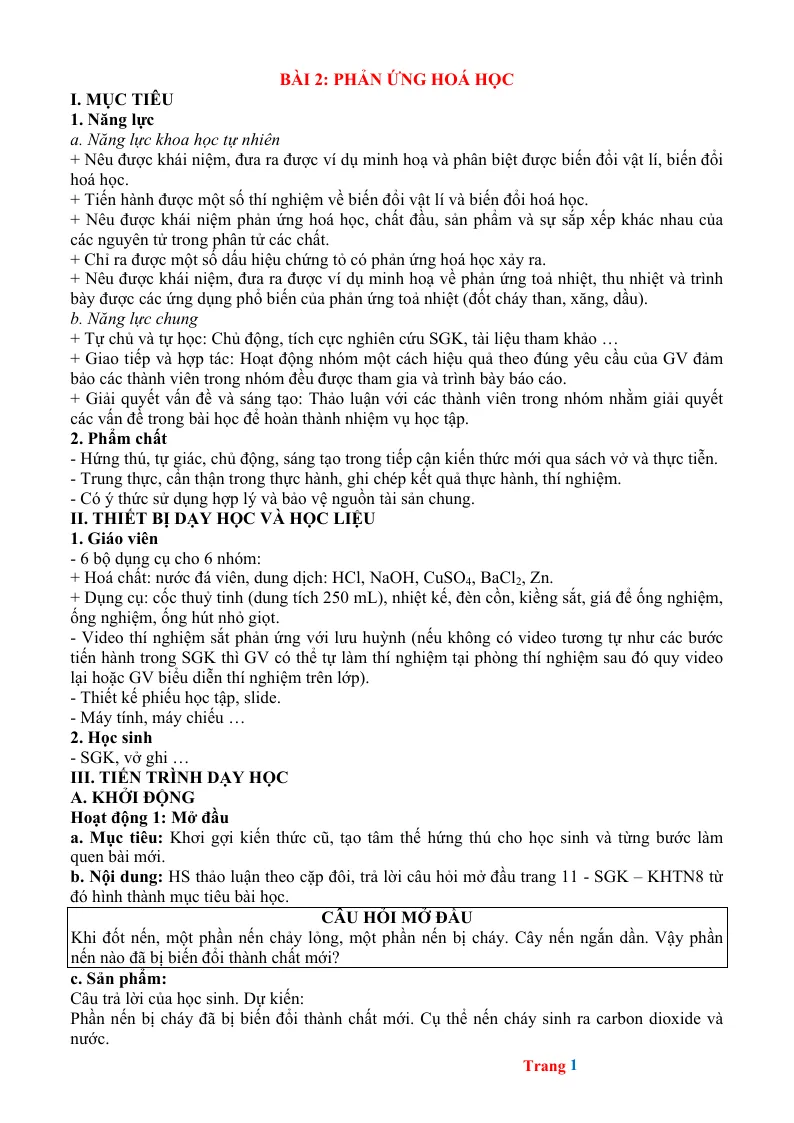 Giáo Án KHTN 8 Bài 2 Phản Ứng Hóa Học