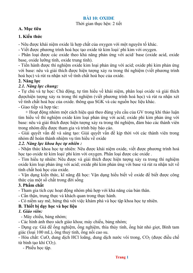 Giáo Án KHTN 8 Bài 10 Oxide
