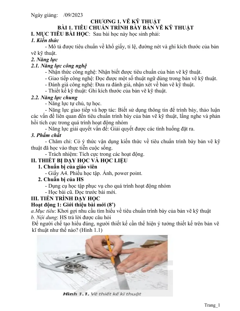 Giáo Án Công Nghệ 8 Học Kỳ 1 Phương Pháp Mới
