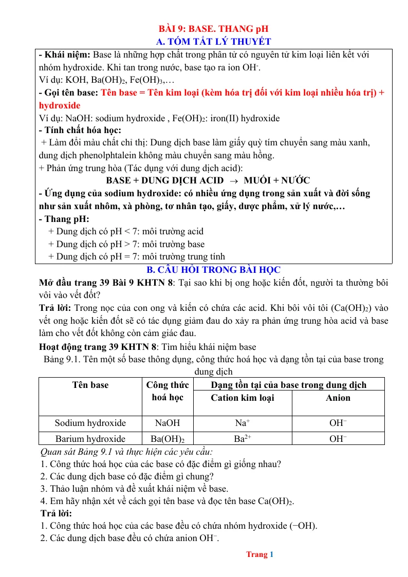 Chuyên Đề KHTN 8 Bài 9 Base Thang pH