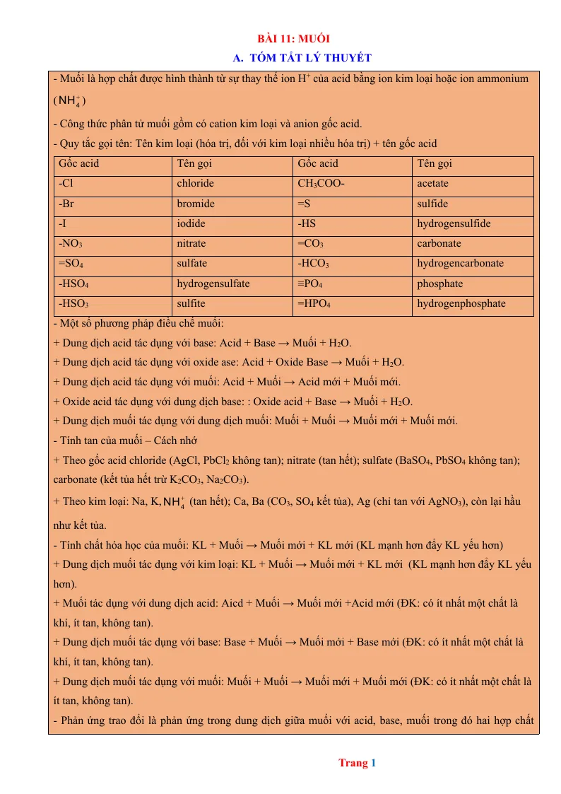 Chuyên Đề KHTN 8 Bài 11 Muối