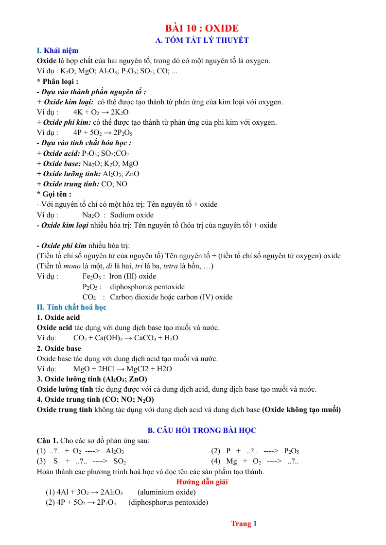 Chuyên Đề KHTN 8 Bài 10 Oxide