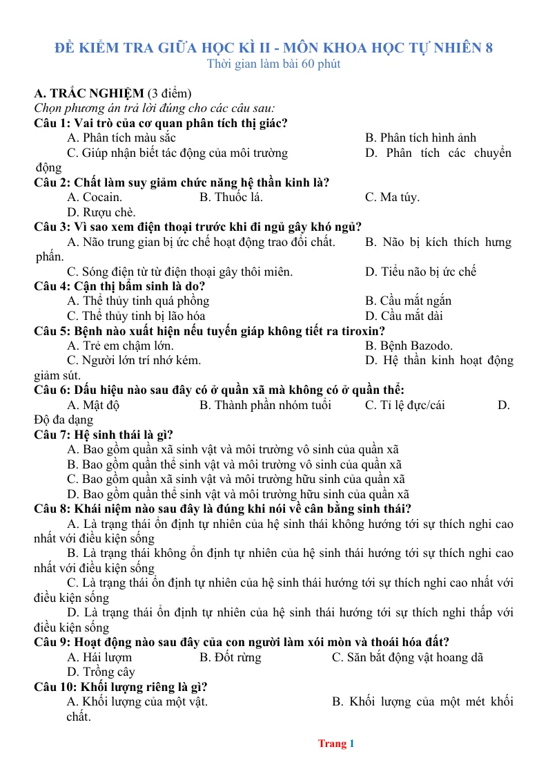 Đề Thi Giữa Học Kỳ 2 KHTN 8 Có Đáp Án Ma Trận Đặc Tả