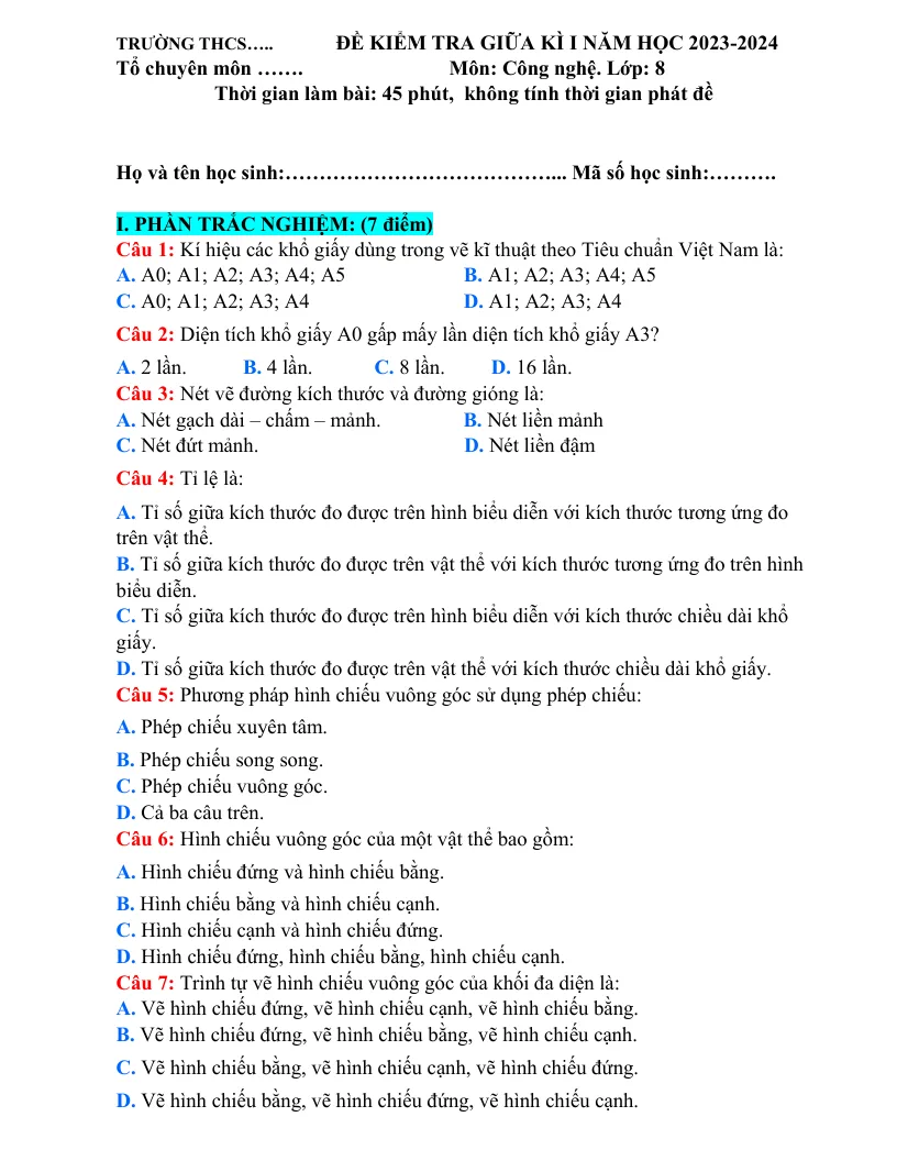 Đề Kiểm Tra Giữa Học Kỳ 1 Công Nghệ 8