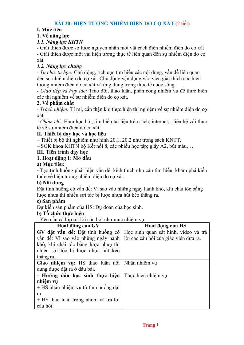 Giáo Án KHTN 8 Bài 20 Hiện Tượng Nhiễm Điện Do Cọ Xát