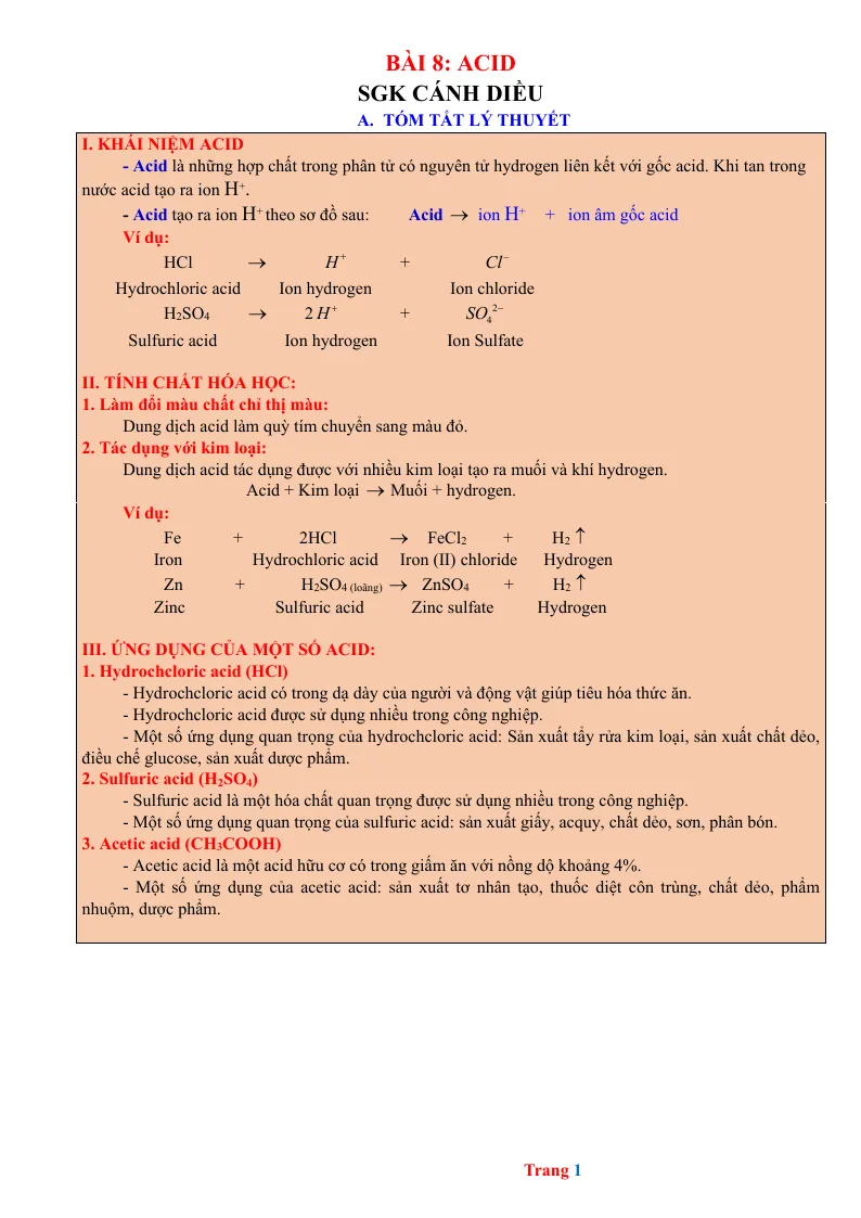 Chuyên Đề KHTN 8 Bài 8 Acid