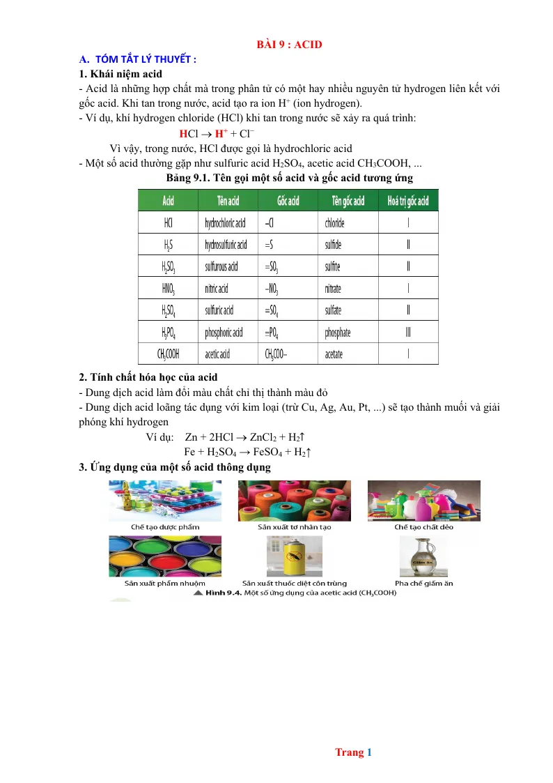 Chuyên Đề KHTN 8 Bài 9 Acid