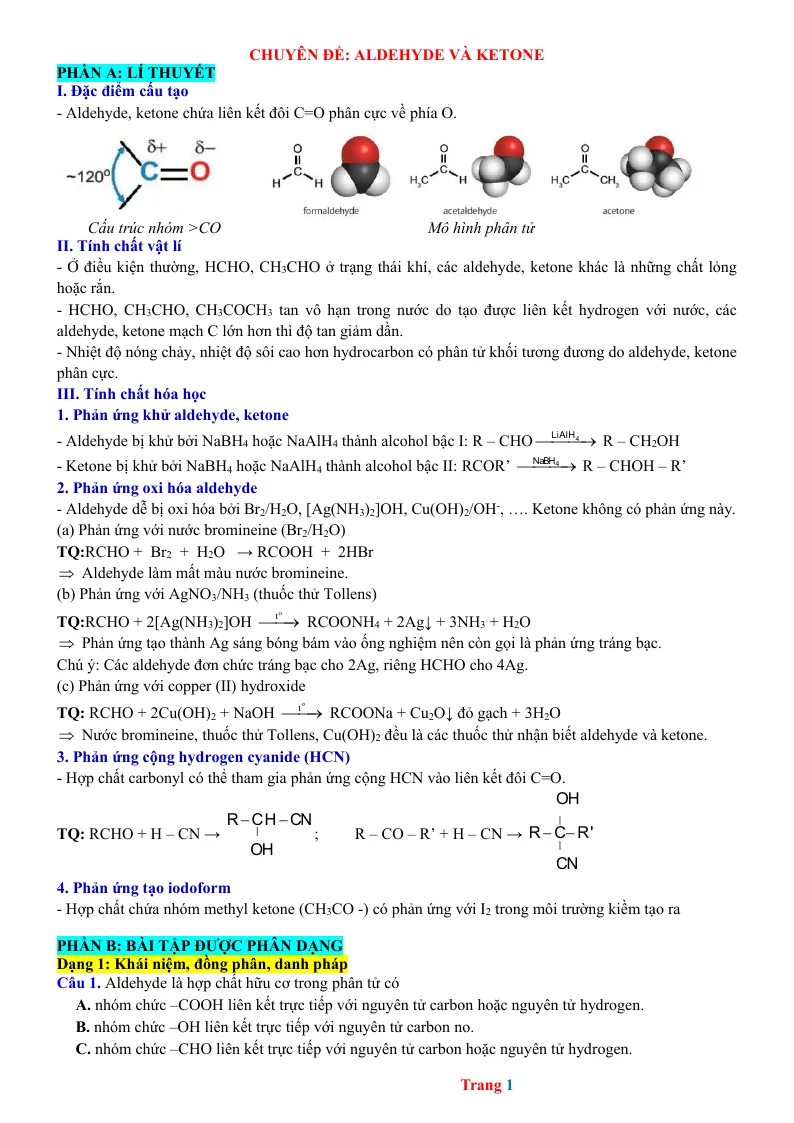 Chuyên Đề Aldehyde Và Ketone Hóa 9 Bồi Dưỡng HSG
