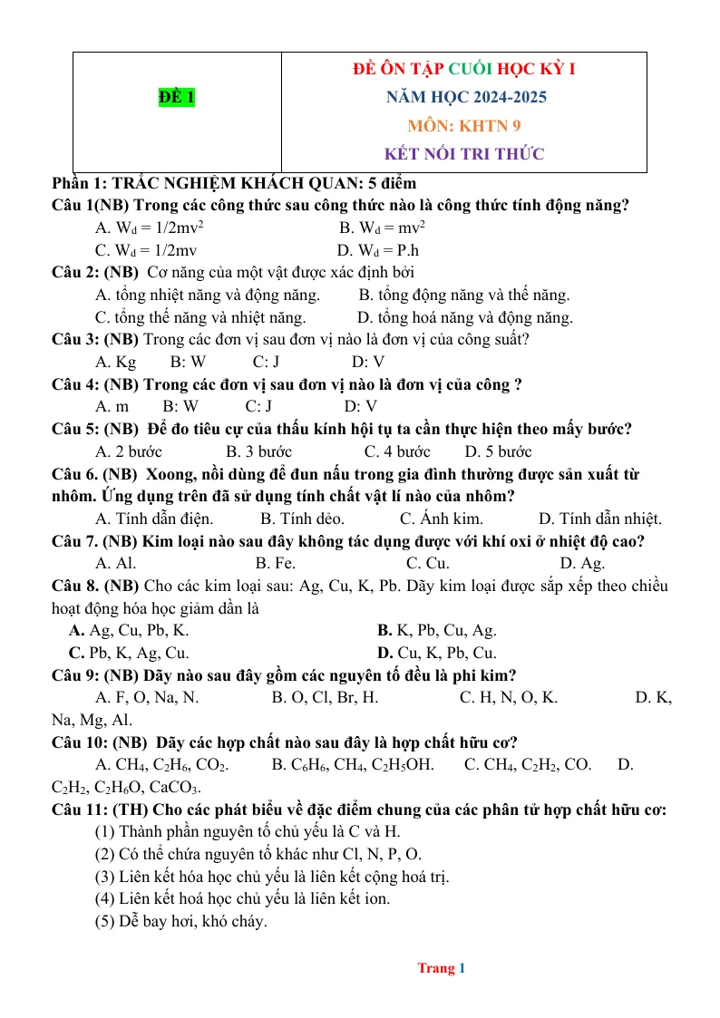 10 Đề Kiểm Tra Cuối Học Kỳ 1 KHTN 9