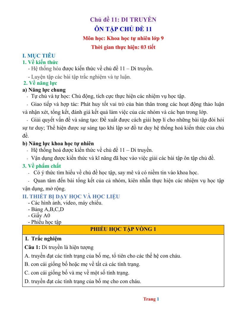 Giáo Án Ôn Tập Sinh 9 Chủ Đề 11 Di Truyền