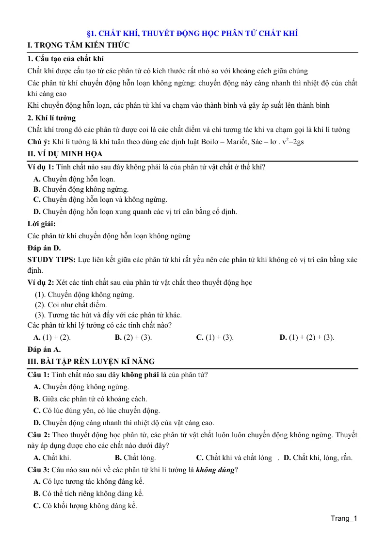 Trắc Nghiệm Bài Chất Khí - Thuyết Động Học Phân Tử Chất Khí Lý 10 Có Lời Giải Và
