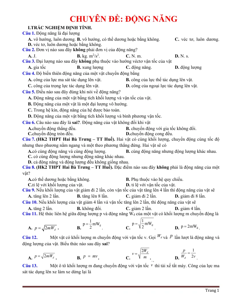 45 Câu Trắc Nghiệm Động Năng