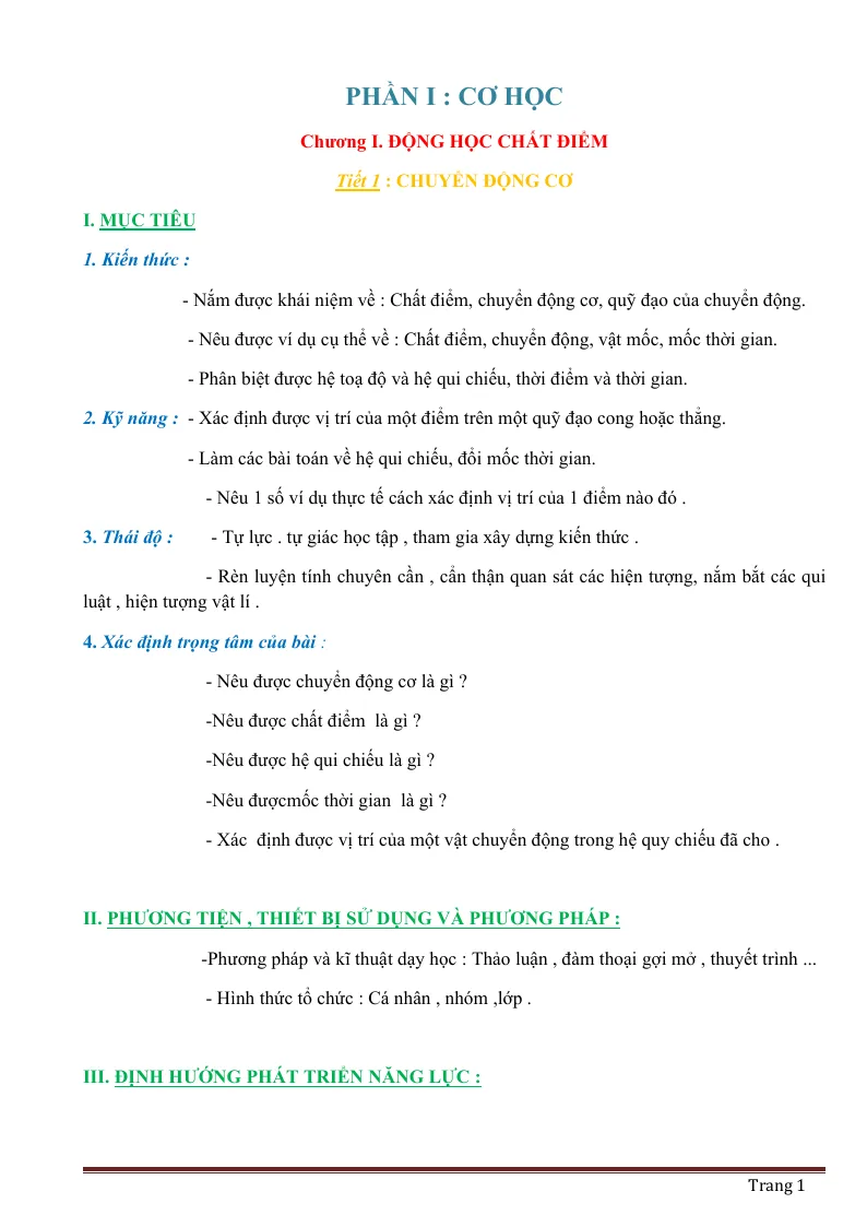 Giáo Án Vật Lý 10 Học Kỳ 1 Theo Phương Pháp Mới