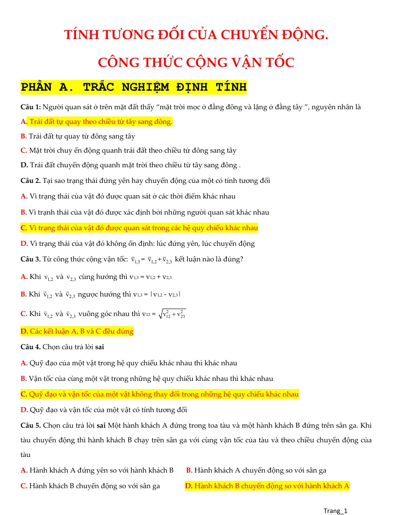 Bài Tập Trắc Nghiệm Tính Tương Đối Của Chuyển Động - Công Thức Cộng Vận Tốc