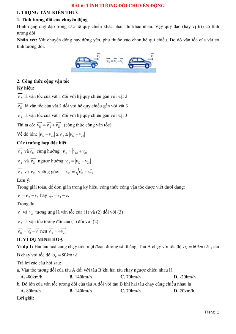Lý Thuyết Và Trắc Nghiệm Bài Tính Tương Đối Chuyển Động Vật Lí 10 Có Lời Giải Và