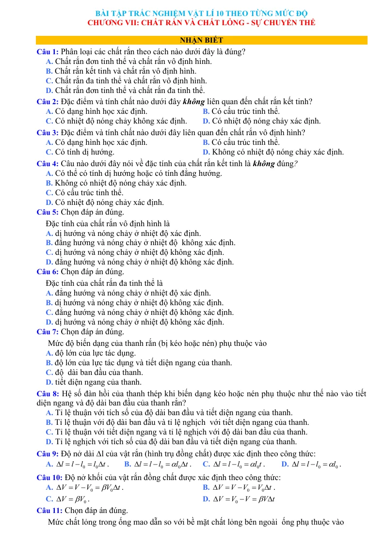 Trắc Nghiệm Vật Lí 10 Chương 7: Chất Rắn Và Chất Lỏng - Sự Chuyển Thể Theo Từng Mức Độ