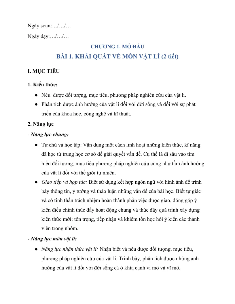 Giáo Án Môn Vật Lí 10 Học Kỳ 1