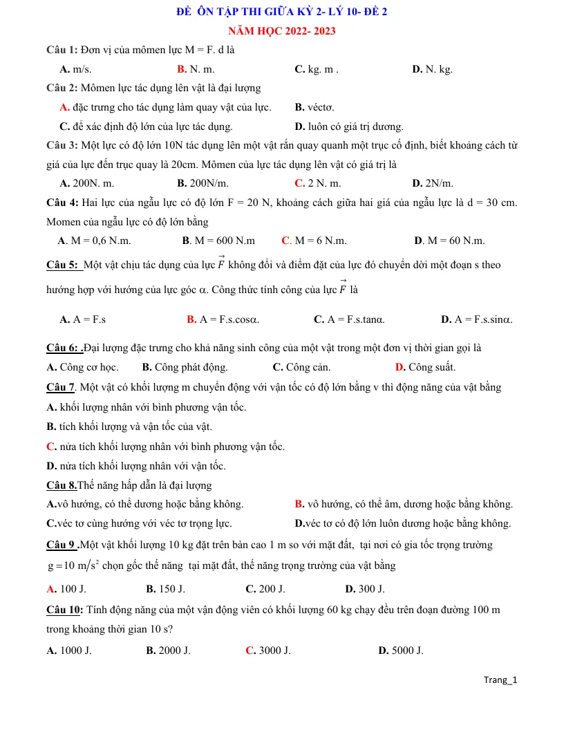 Đề Ôn Thi Giữa HK 2 Lý 10 Có Đáp Án - Đề 2