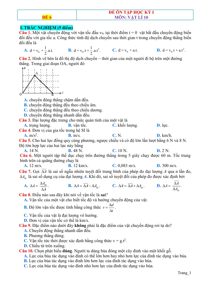 Đề Kiểm Tra HK1 Môn Lý 10 Có Đáp Án - Đề 6