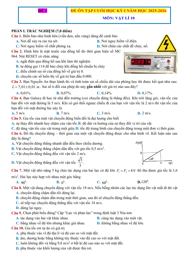 Bộ 5 Đề Ôn Tập Học Kỳ 1 Vật Lí 10 2025 - 2026