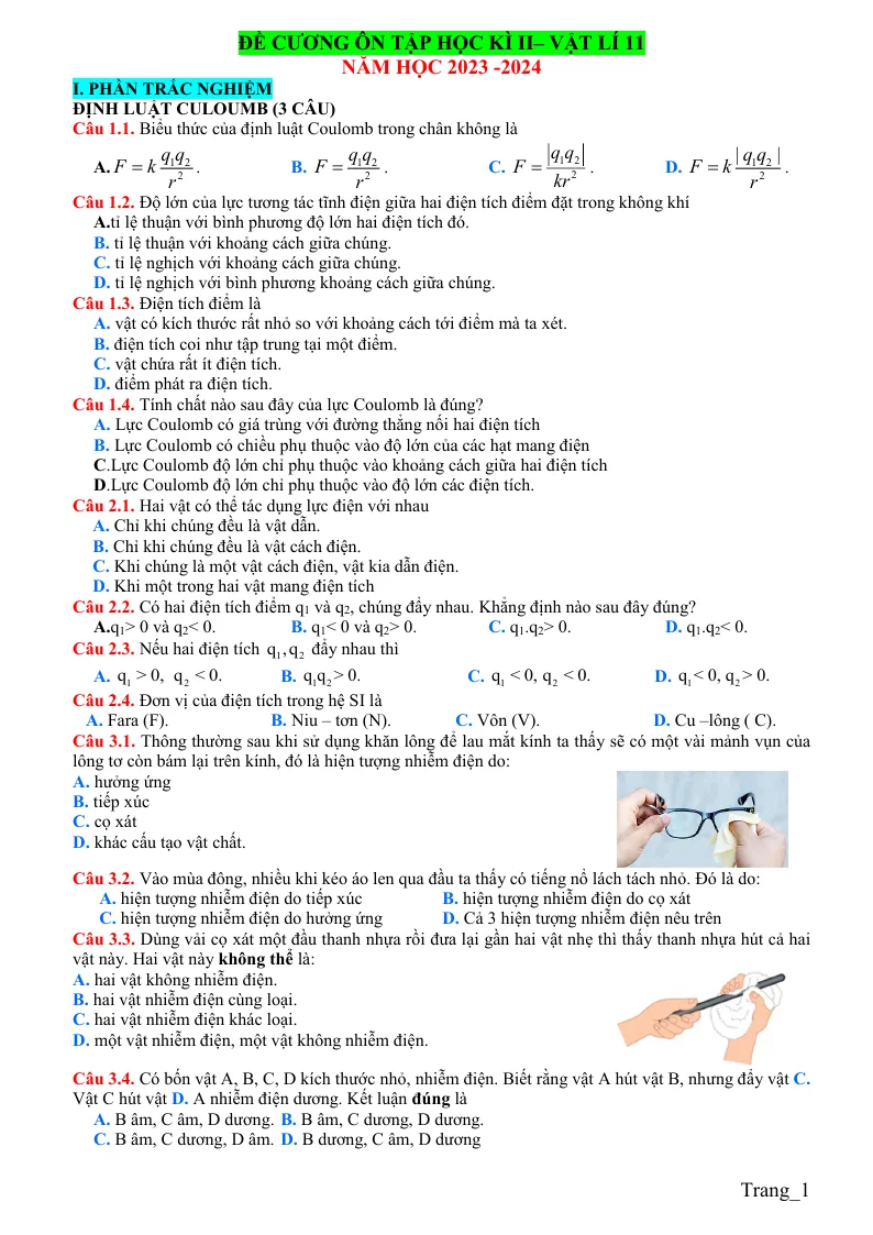 Đề Cương Ôn Tập HK2 Lý 11 Theo Từng Dạng Câu