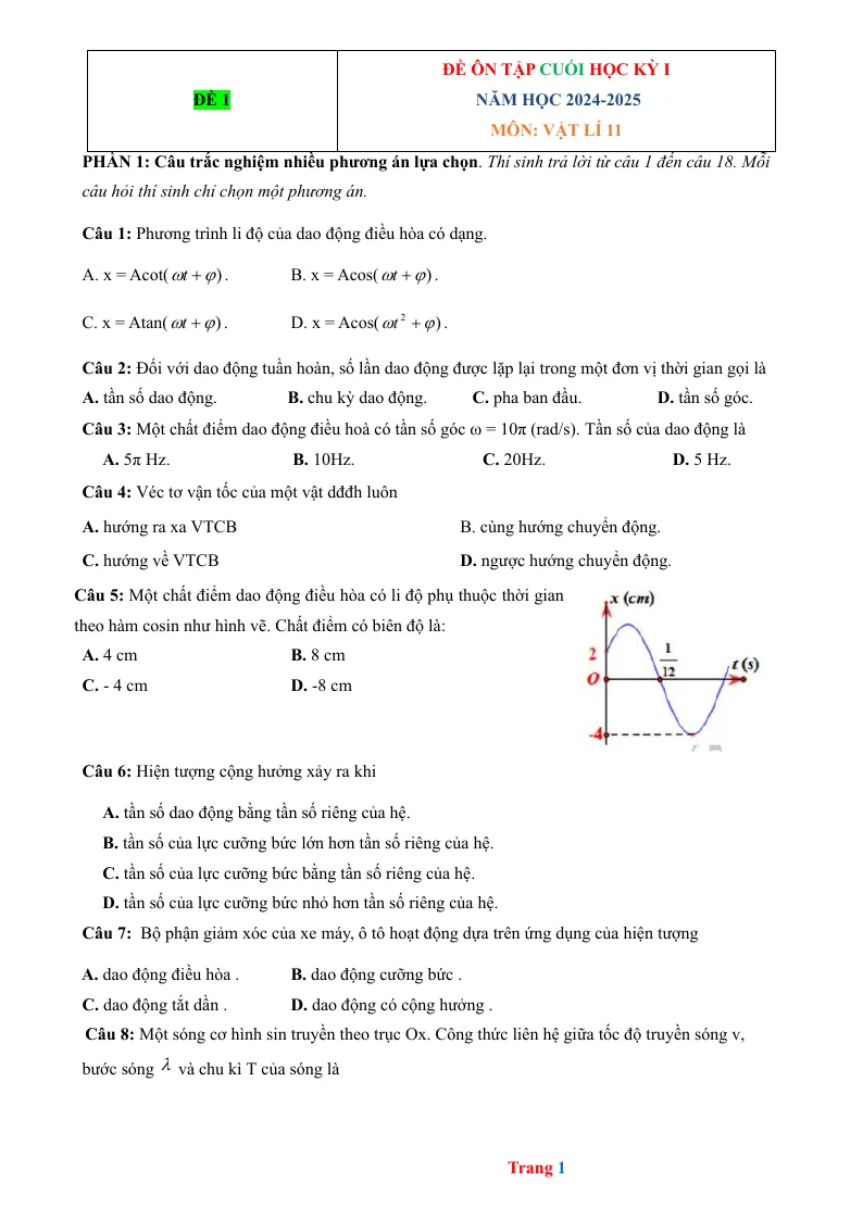10 Đề Kiểm Tra HK 1 Vật Lý 11 Cấu Trúc Mới