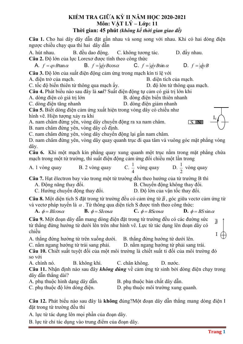 Đề Thi Giữa Học Kỳ 2 Môn Lý 11 Có Đáp Án (Đề 3)