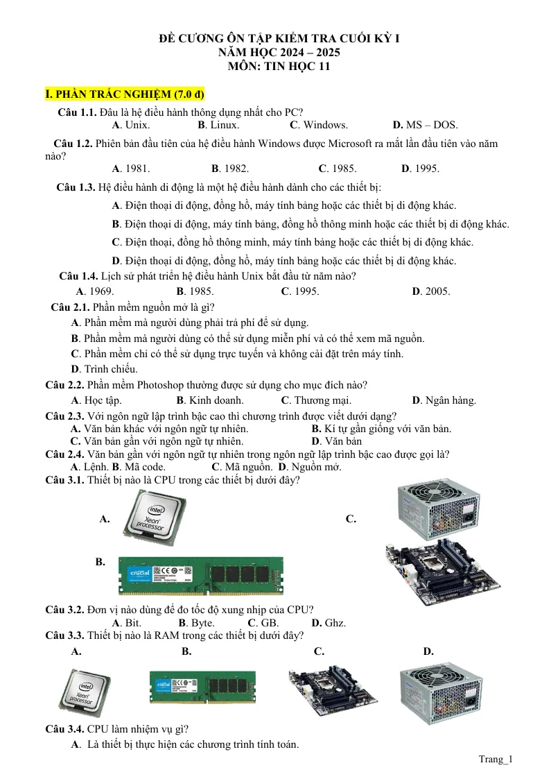 Đề Cương Ôn Tập Cuối Học Kỳ 1 Tin 11 2024 - 2025