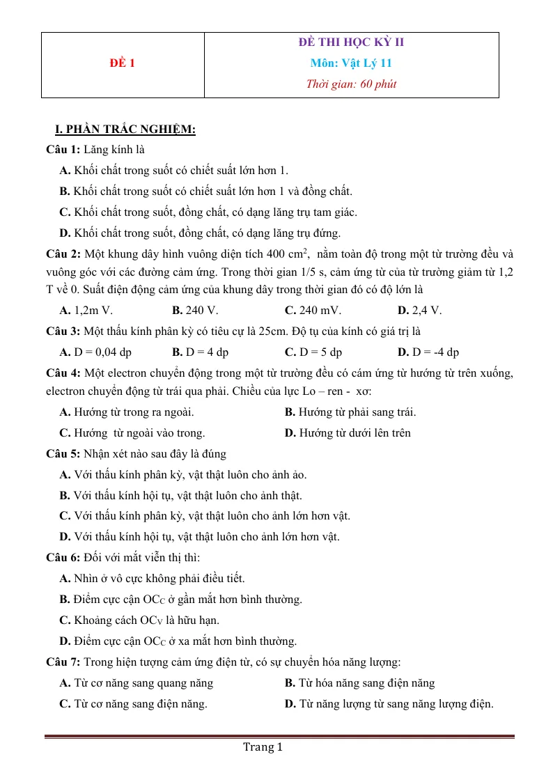Tổng Hợp 12 Đề Thi Vật Lý 11 Học Kỳ 2