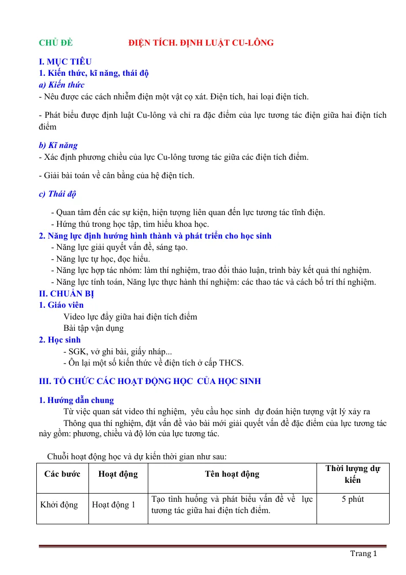 Giáo Án Vật Lý 11 Học Kỳ 1 Theo Phương Pháp Mới Nhất