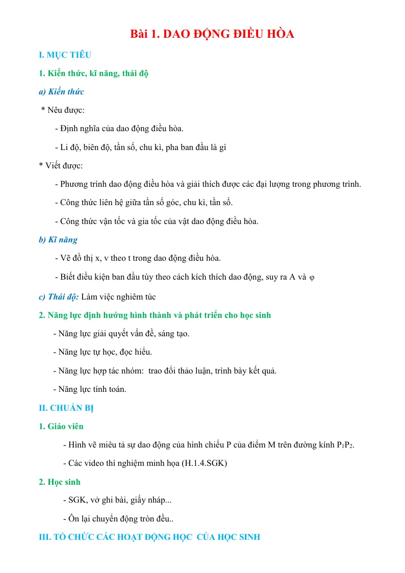Giáo Án Vật Lý 12 Học Kỳ 1 Theo Phương Pháp Mới