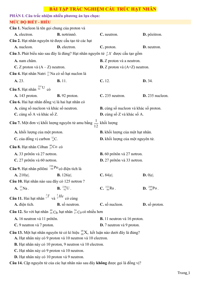 50 Câu Trắc Nghiệm Cấu Trúc Hạt Nhân Theo Form Mới