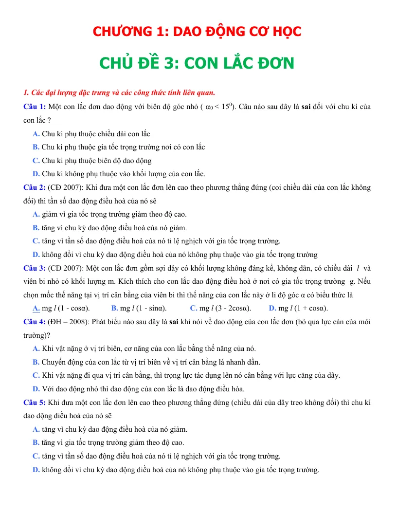Phân Dạng Bài Tập Con Lắc Đơn