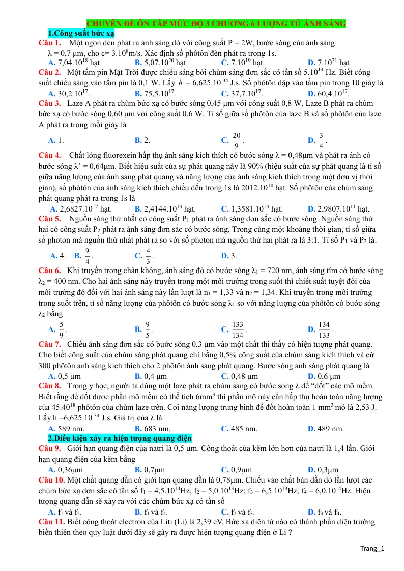 Chuyên Đề Lượng Tử Ánh Sáng Vật Lí 12 Mức Vận Dụng