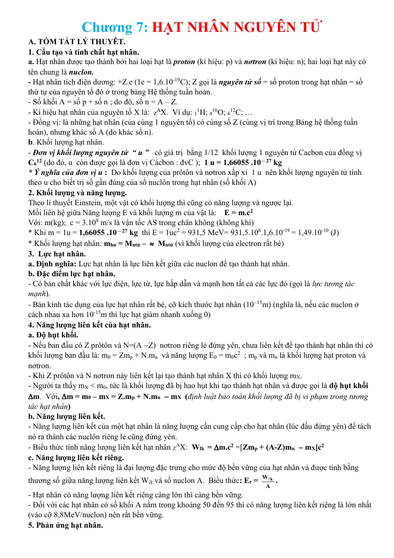 Bài Tập Trắc Nghiệm Hạt Nhân Nguyên Tử